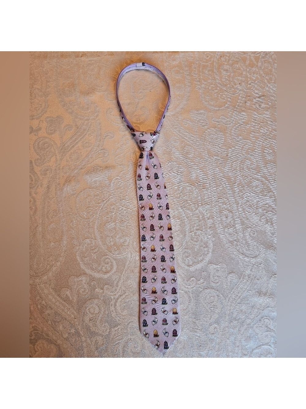 Vintage Club Room Kids Mauve Easter Bunny Eggs Spring Zip Tie 100% Silk RARE
